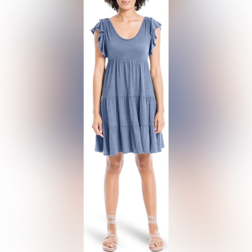 NWT Max Studio Ruffle Cap Sleeve Tiered Jersey Babydoll Dress Green Stripe - Picture 4 of 8